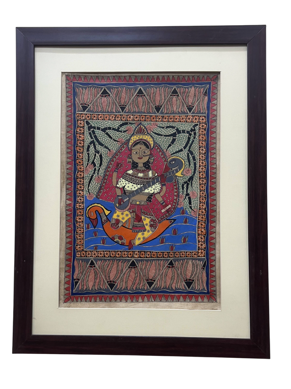 Handpainted Madhubani Painting on Handmade Paper - Saraswati